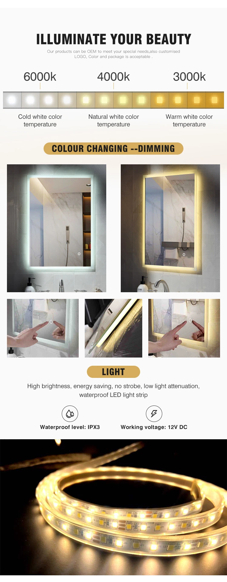 Wall Mounted LED Salon Mirror Light Smart Mirror Rectangle Defogger Dressing Wholesale Full Length Mirror